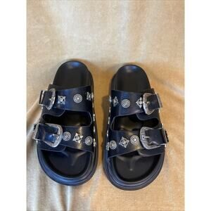 Women's Black Slip-On Sandals w/ Metallic Buckle and Studded Goth Sz 7
